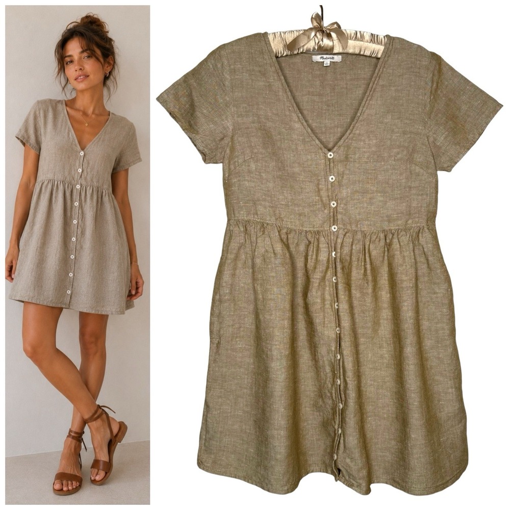 Madewell XS Linen Babydoll Trapeze Dress‎ Button Front Neutral Minimalist